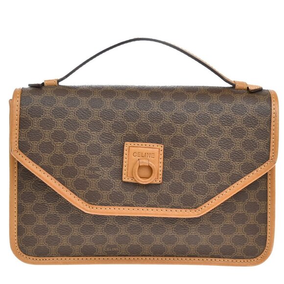 CELINE Logo Macadam Pattern Hand Bag PVC Leather Brown Gold Italy - Picture 1 of 16